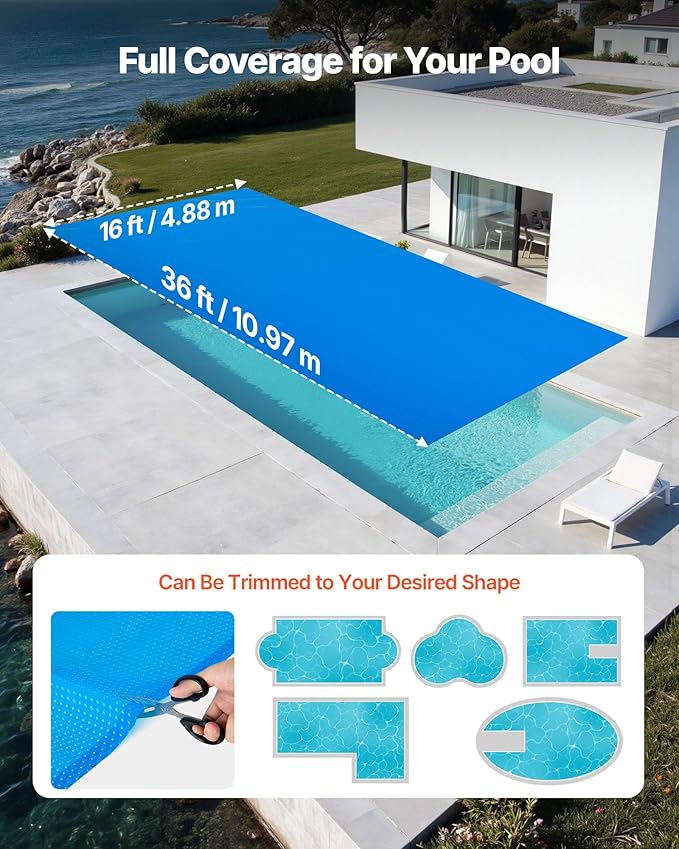 VEVOR Solar Pool Cover, 36 x 16 ft Rectangle Pool Bubble Cover, 12 Mil Pools Solar Blanket with Bubble & PE Material, Daytime Heat Absorption, Nighttime Heat Retention, Heat Retaining Solars Covers