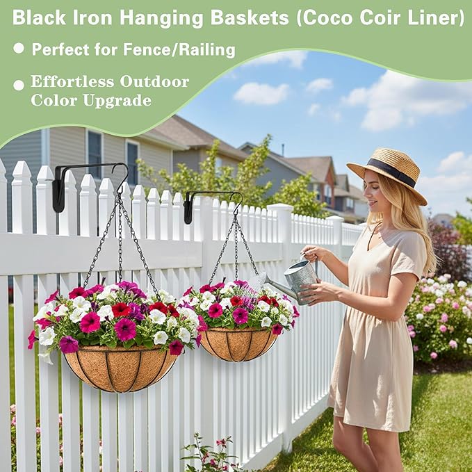 EIMQUVW Outdoor Metal Hanging Planters Basket (4pack, 8 inch) Hanging Baskets for Plants Chain Round Wire Plant Holder with Coco Fiber Liners for Garden, Patio, Deck, Porch
