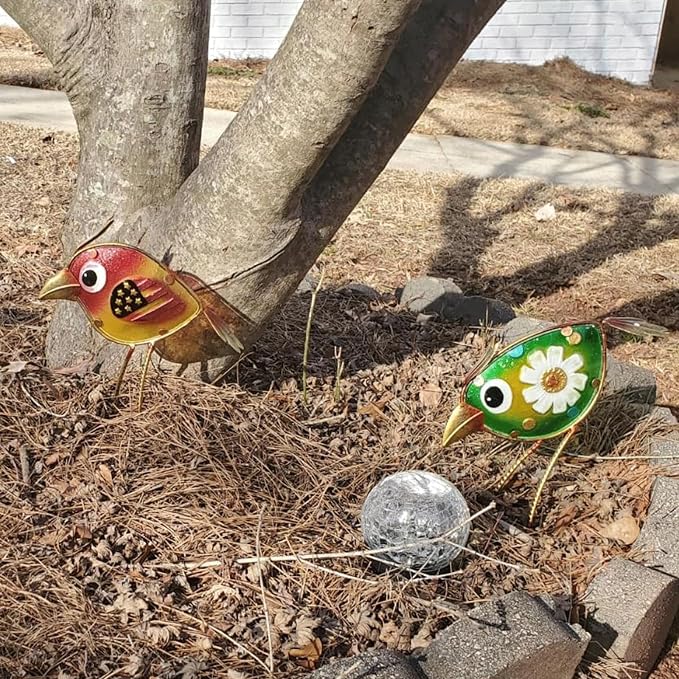 Garden Decor for Outside Set of 3, Colorful Metal & Glass Bird Decor for Outdoor, Indoor, Patio, Porch, Backyard, Balcony, Lawn, Yard Decorations, Patriotic Whimsy Birthday Gift for Gardener