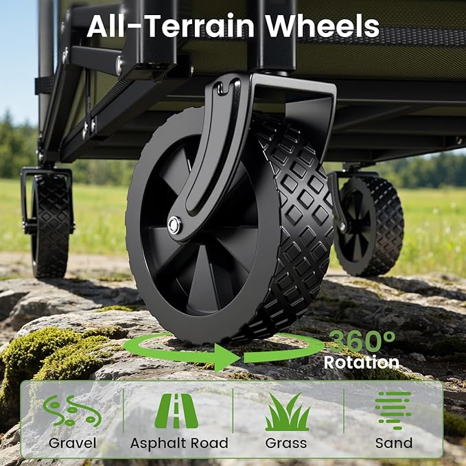 Blomoba Collapsible Wagon Cart, 220LBS Heavy Duty Collapsible Wagon with All-Terrain Wheels 360° Rotation, Flexible Handle, Portable Utility Cart for Grocery Sports Garden Shopping Camping Beach,Green