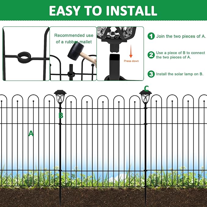 Garden Fence Animal Barrier with Solar Garden Lights, 32 in (H) x23.6ft (L) Decorative Garden Fence, 10 Panels No Dig, Rustproof Metal Temporary Fence, Dog Fence Outdoor for Yard, Patio