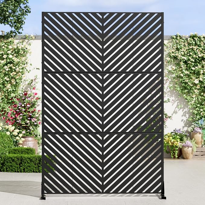 Casaphoria 72" H x 47" W Metal Outdoor Privacy Screen, Freestanding Decorative Divider for Patio, Deck, Balcony, and Garden with Stable Base, Black Parallel