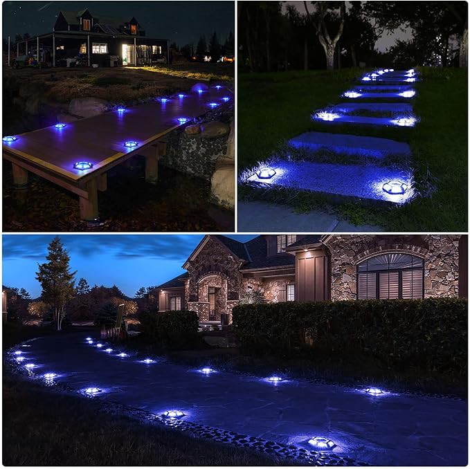 VOLISUN Solar Dock Lights Driveway Deck Lights, 12-Pack Waterproof Outdoor LED Aluminum Dock Lighting Warning Step for Driveway Sidewalk Garden Pathway Yard(Blue+White,2 Colors in 1), Auto On/Off