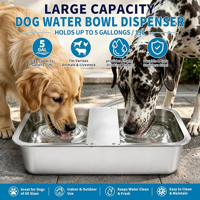 5 Gallon Automatic Dog Water Dispenser, Large Dog Water Bowl Dispenser for Outdoor, Stainless Steel Pet Bowl for Waterer Auto Fill Pet Waterer for Livestock Dogs Cats Chicken Fit 3/4'' GHT Faucet
