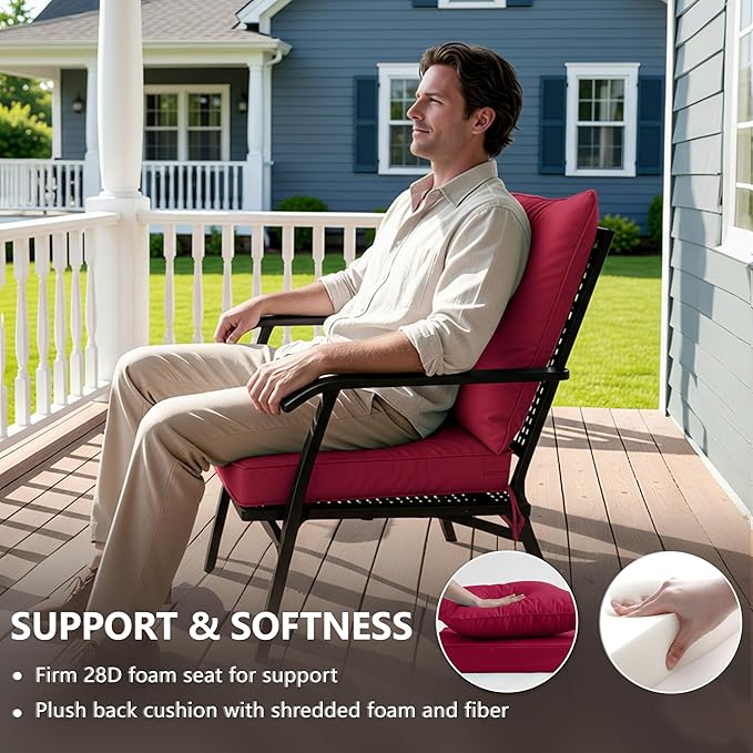22x22 Inch Patio Chair Cushions Set of 2, Outdoor Furniture Cushions - Removable Cover, Water-Repellent, Fade-Resistant, Non-Slip Bottom & Straps, Replacement for Lawn, Porch & Deck Chair - Burgundy