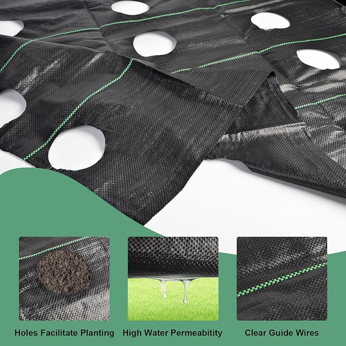 33 x 3.3 Ft Weed Barrier Landscape Fabric, Garden Weed Barrier Fabric Heavy Duty with Planting Holes, Ground Cover Weed Barrier Weed Cloth with 10 U-Shaped Ground Nail For Garden Weed Control