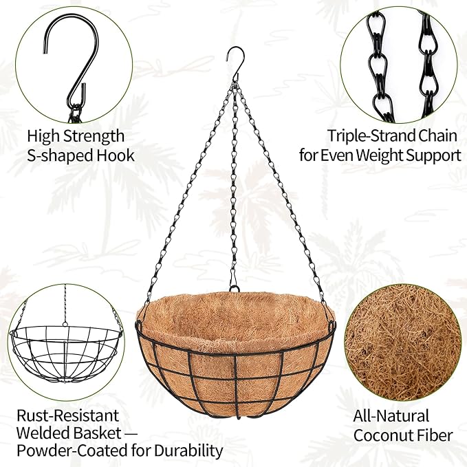 14 Inch Hanging Baskets for Plants Outdoor, 4 Pack Large Hanging Planters for Outdoor Plants, Round Metal Wire Hanging Flower Pots with Coconut Coir Liners for Garden, Deck, Porch, Balcony