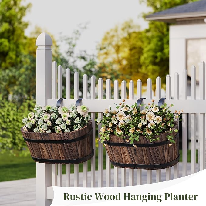 Railing Planters for Outdoor Plants Balcony Hanging Flower Pots with Detachable Hooks, Window Flower Box Hanging Bucket Pots Fence Planters for Garden Home Decor(Carbonized-2pack, Large)