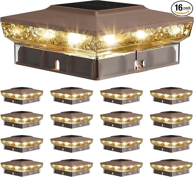 Solar Post Cap Lights, 16-Pack Upgraded Outdoor Deck Fence Post Solar Lights for 4x4 5x5 Wood/Vinyl Posts, IP65 Waterproof, 10-12 Hours Warm/Cool White Glow for Garden/Patio/Porch - Brown