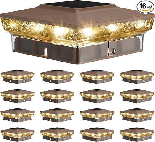 Solar Post Cap Lights, 16-Pack Upgraded Outdoor Deck Fence Post Solar Lights for 4x4 5x5 Wood/Vinyl Posts, IP65 Waterproof, 10-12 Hours Warm/Cool White Glow for Garden/Patio/Porch - Brown