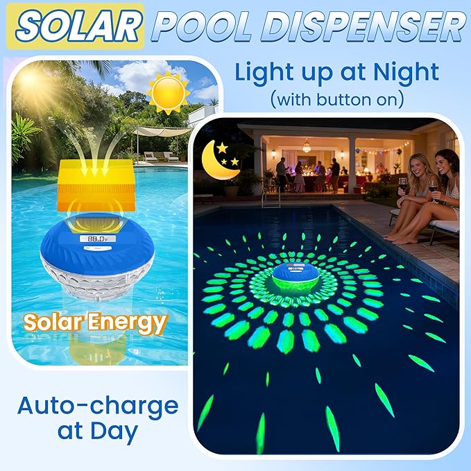 2026 Upgraded Pool Chlorine Floater with Thermometer, Digital Screen Pool Chlorine Floater,Solar Pool Chlorine Floaters with Light, Button Control Floating Chlorine Dispenser for Pool (Yellow)
