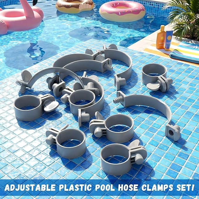 12 Pcs Adjustable Plastic Hose Clamps for 1.25''-1.5'' Above Ground Swimming Pool Replacement Thumb Clips Screw Key Hose Clamps Plastic Filter Pump Connector Clips