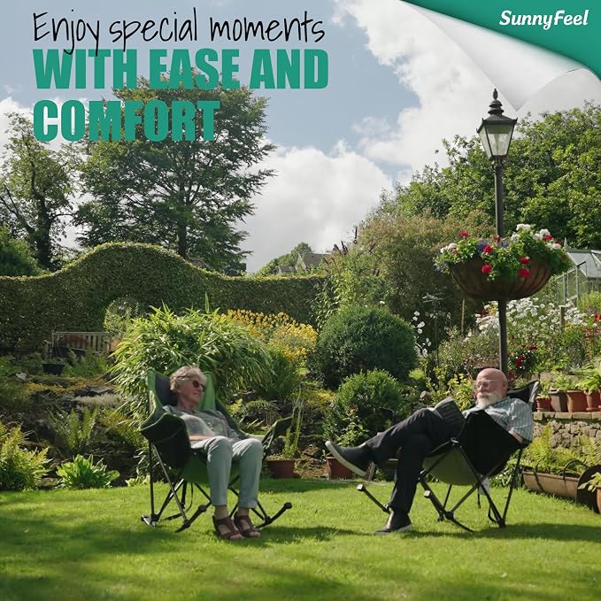 SUNNYFEEL Oversized Rocking Camping Chair, Fully Padded Patio Chair with Side Pocket, High Back Portable Lawn Recliner with Headrest, Outdoor Camp Rocker Chairs for Adults Heavy Duty 500 LBS Carry Bag