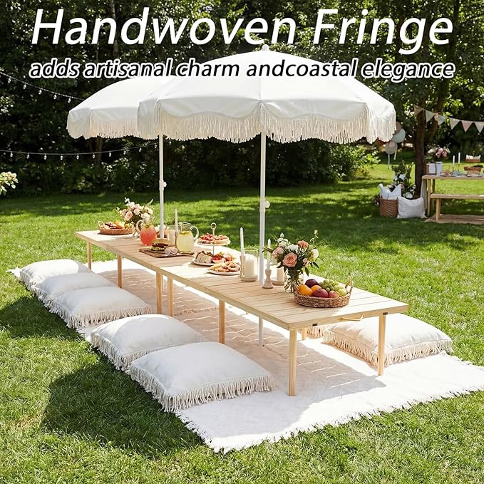 6.5 Ft Fringe Patio Umbrella and 71"x 91" Extra Large White Picnic Blanket UPF50+ Outdoor Tassels Ruffles Beach Umbrella with Steel Pole for Camping Patio Lawn Beach Park