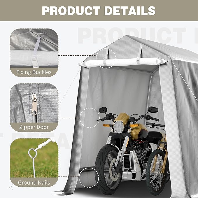 Shintenchi 6x6 FT Motorcycle Carport,Portable Storage Shed with Roll-up Zipper Door,Heavy Duty Portable Garage,UV Resistant & Waterproof Tarp,Storage Tent for Motorcycle,Bike,Garden Tools,Grey