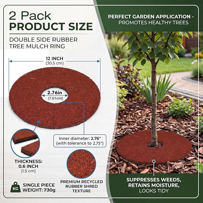 Peryiter 2 Pcs Double Side Rubber Mulch Tree Ring, Heavy Duty Rubber Mulch Mat, Tree Root Protector Mat Reversible Round Root Ring Weed Barrier for Prevent Animal Dig (Red)