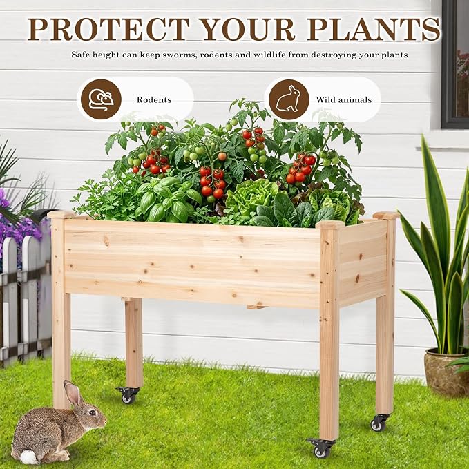Raised Garden Bed with Lockable Wheels, 48x24x32 inch Elevated Wood Planter with Protective Liner for Vegetable Flower Herb Outdoor Balcony Patio Backyard, Natural