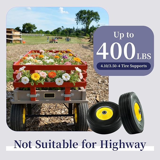 4.10/3.50-4 Tire and Wheel Flat Free, with 5/8” Axle Bore Hole, Extra 3/4”&1/2” Bearings, 2.2” Offset Hub,10” Solid Polyurethane Tires for Hand Trucks, Dollies, Garden Trailer (2Pack)