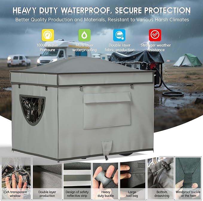 Generator Tent with Bracket, Generator Covers While Running, Waterproof Heavy Duty Tarps, Rooftop Design No Water Accumulation, 1680D+210D Double Layer, 28" x20" x20", Gray