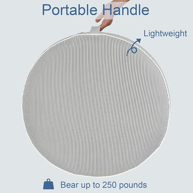 LVTXIII Indoor/Outdoor Inflatable Ottoman with Handle D21 x H9 Inch, Weather-Resistant Round Footstool Pouf for Patio Camping Living Room, Portable Footrest Extra Seating, Topanga Stripe Grey