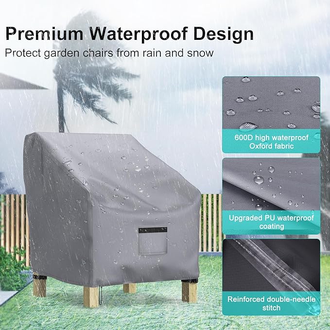 Patio Chair Covers for Outdoor Furniture Waterproof 2 Pack, Lawn Chair Covers 600D Heavy Duty Oxford Cloth, Large Covers for Lounge Lawn Deep Seat 31" W x 33" D x 36" H-Gray