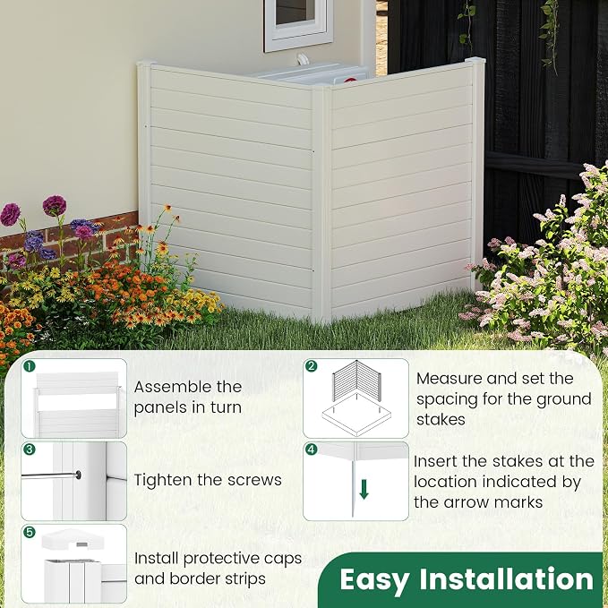 HAPPYGRILL Air Conditioner Fence, 4 Panels Outdoor Privacy Fence Screen w/6 Stakes, 48''W x 48''H PP Pool Equipment Enclosure Trash Can Screen, Decorative Garden Fences for AC Unit Patio Lawn, White