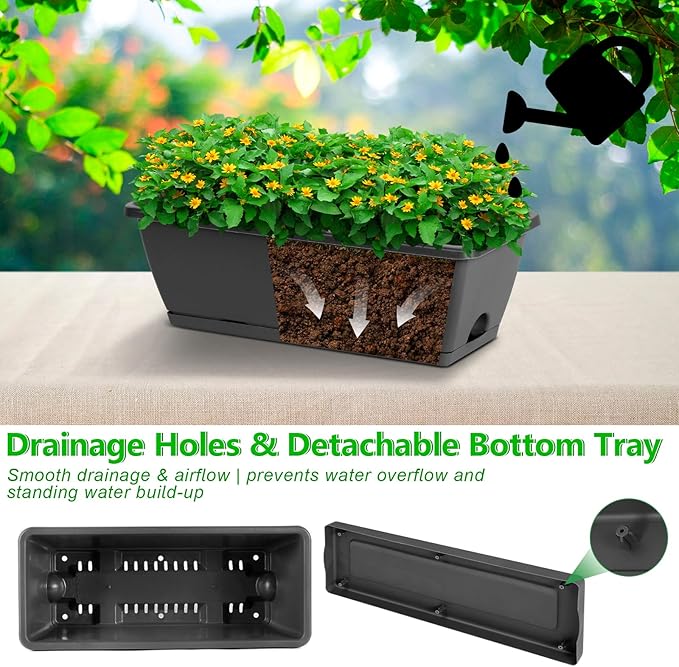 OYEAL Deck Railing Planters Vertical Garden Hanging Planter Boxes with Adjustable Brackets, Set of 2 Hanging Flower Pots for Railing Fence with 6 Plastic Planter Boxes, Grey