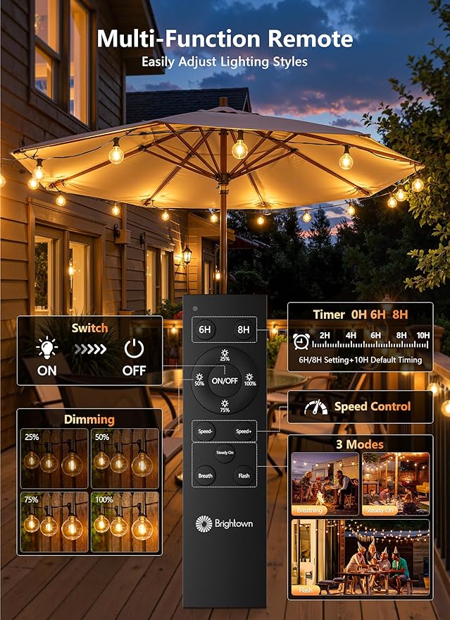 Brightown Outdoor String Lights, 55FT 25 G40 Bulbs Shatterproof Patio Lights, Waterproof Dimmable Hanging Connectable Globe LED Outdoor Lights for Backyard, Bistro, Porch, Deck, Balcony