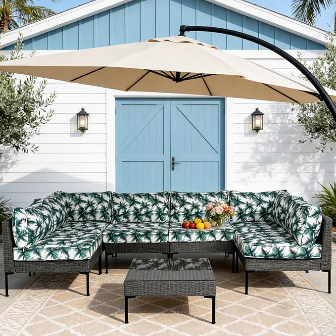 14Pcs Outdoor Cushion Covers Replacement Washable Waterproof UV w/Zipper for 6-Seaters Sofa Patio Slipcovers Set Seat and Back Covers Only (Palm Leaf, 23.6x23.6inch)