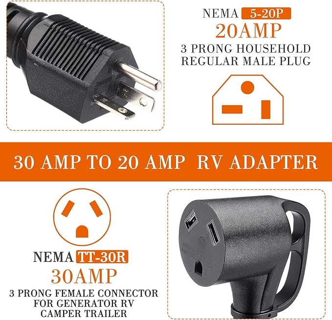 Kanayu 20 Amp to 30 Amp RV Generator Adapter Cord Compatible with NEMA 5-20P to TT-30R 20 Amp 3 Prong Generator to 30 Amp 3 Prong RV Power Adapter with Handle, STW 12 AWG/3C, 12 Inch ETL Listed