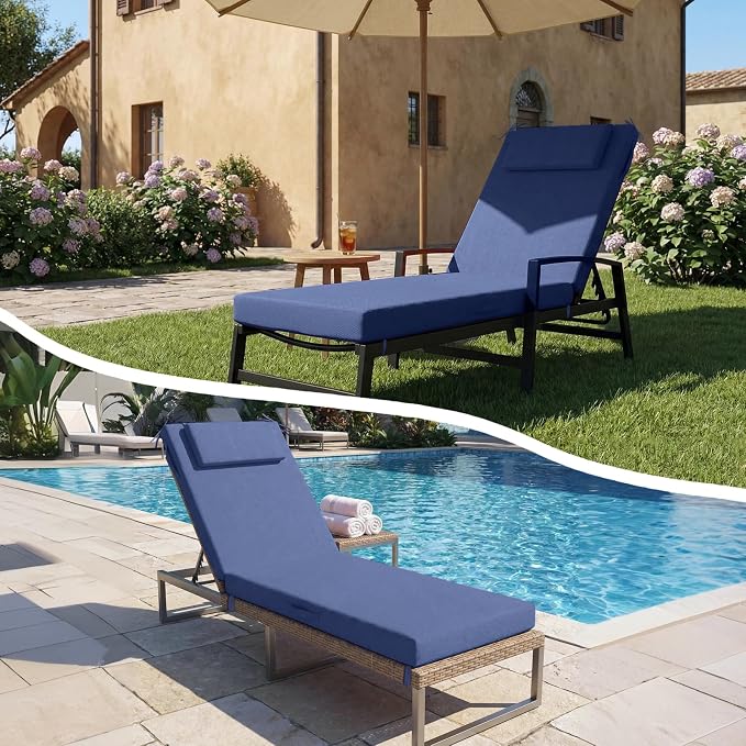 Outdoor Chaise Lounge Cushions, 72x21 Inch Olefin Water & Fade Resistant Pool Lounge Chair Cushions, Patio Sun Lounger Pad with Pillow & Straps for Patio, Pool, Deck, Lawn, Navy Blue