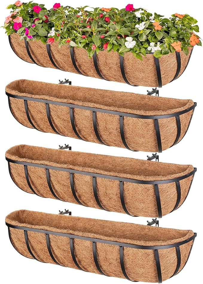 Legigo 4 Pack 24 Inch Window Boxes Railing Planter Box with Coconut Liner, Balcony Railing Planter Horse Trough Deck Window Planters, Metal Railing Hanging Flower Baskets for Outdoor Porch Fence Patio