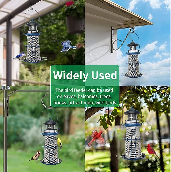 Solar Lighthouse Bird Feeder with Rotating Beacon - 14" Hanging Best Birdfeeder Gifts for Bird Lovers(Space Blue)