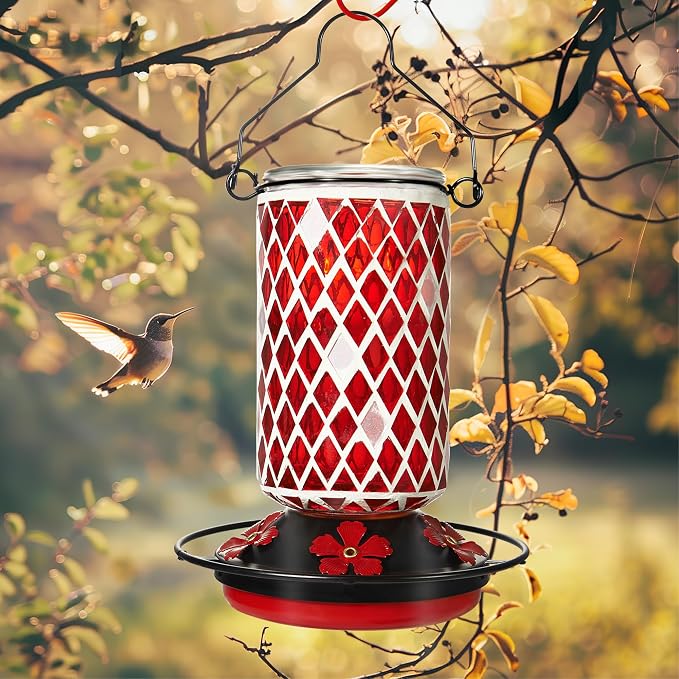 Glass Hummingbird Feeder, Red Hummingbird Feeders for Outdoors Hanging, 19 Ounces, Mosaic Bottle Easy to Clean, 5 Feeding Ports, Ant Moat Included