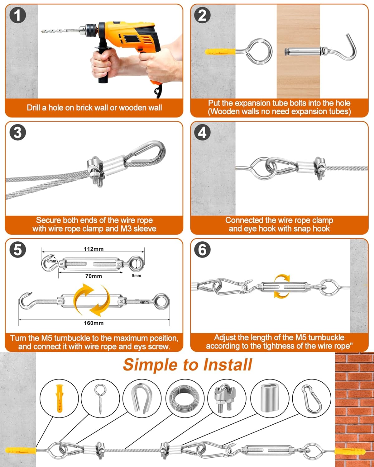 220 FT 1/8" Wire Rope Kit, 304 Stainless Steel Cable with M5 Turnbuckles for Cables Wire, Vinyl Coated String Lights Hanging Wires for Outdoor Camping, Trellis, Garden, Clothes line, Curtain, Festival