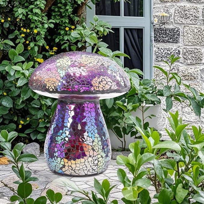 Bshine Mushroom Garden Statue Decoration, Colorful Mosaic Mushroom Sculptures Home Decor, Outdoor Waterproof Handmade Glass for Yard, Path, Lawn Ornaments or Gifts for Mom (Purple)