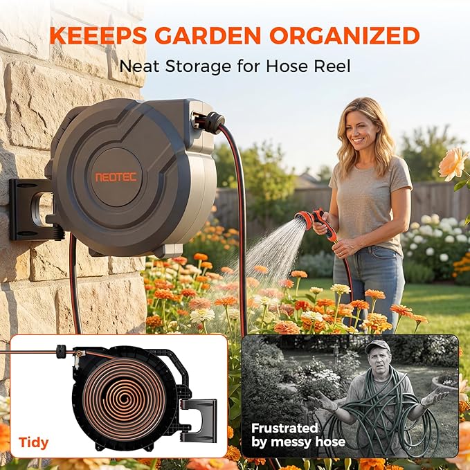 Upgraded Retractable Garden Hose Reel 1/2" x 130 ft Any Length Lock 9 Pattern Nozzle Wall-Mounted Automatic Slow Return 180° Swivel UV Resistant Heavy Duty Hose Reels for Outside