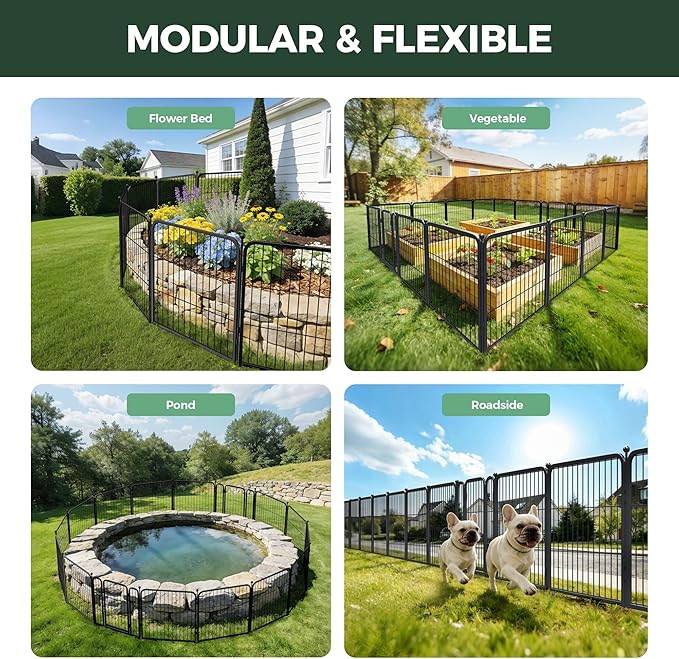 FXW Garden Fence Outdoor for the Yard – 24in(H) x 45.6ft(L) Heavy Duty Metal Animal Barrier for Dog, No Dig Decorative Dog Fence, 24 Panels, Black