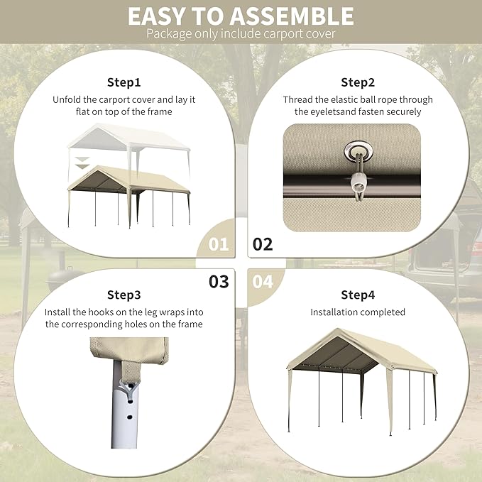 Carport Replacement Canopy Cover 12'x20' for Tent Top Garage Shelter Cover, 800D Heavy Duty Oxford Waterproof & UV Protected Car Canopy Tarp with Ball Bungees (Frame is not Included)