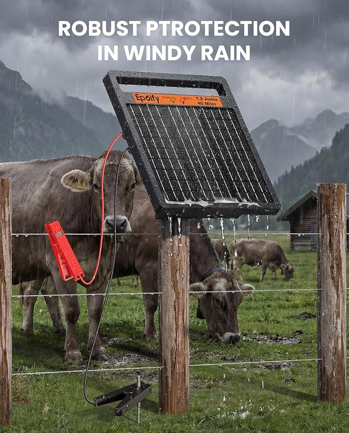 Solar Electric Fence Charger 1.2J Stored Energy, 45 Miles Coverage,8W Solar Fence Energizer with 10000mAh Battery,7–11kV Output, Smart Alarm, All-Weather Fence Charger for Cattle, Horses & Farms