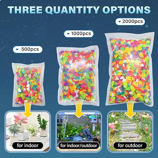 PoYang 500pcs Glow in The Dark Rocks Outdoor - Multicolor Resin Glowing Pebbles for Landscaping, Garden, Fish Tank & Aquarium Indoor Decor, Powered by Sunlight or Lamplight (0.4"-0.7"/pc, 0.6lbs/Bag)