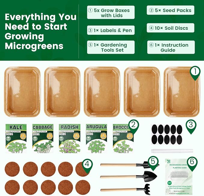 Microgreens Growing Kit Indoor Garden - Complete Micro Greens Growing Kits with 5 Seed Packs - Grow Broccoli, Arugula, Kale, Cabbage, Radish with Waterproof Trays - Grow Microgreens Indoor for Health