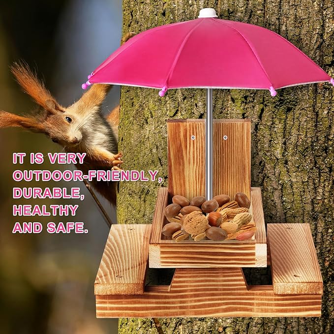 Gnodary Squirrel Feeder with Umbrella, Squirrel Feeders for Outside, Squirrel Picnic Table Feeder - Chipmunk Feeder Hold Corn, Corn Cob, Peanuts Style2 (Dark Pink)