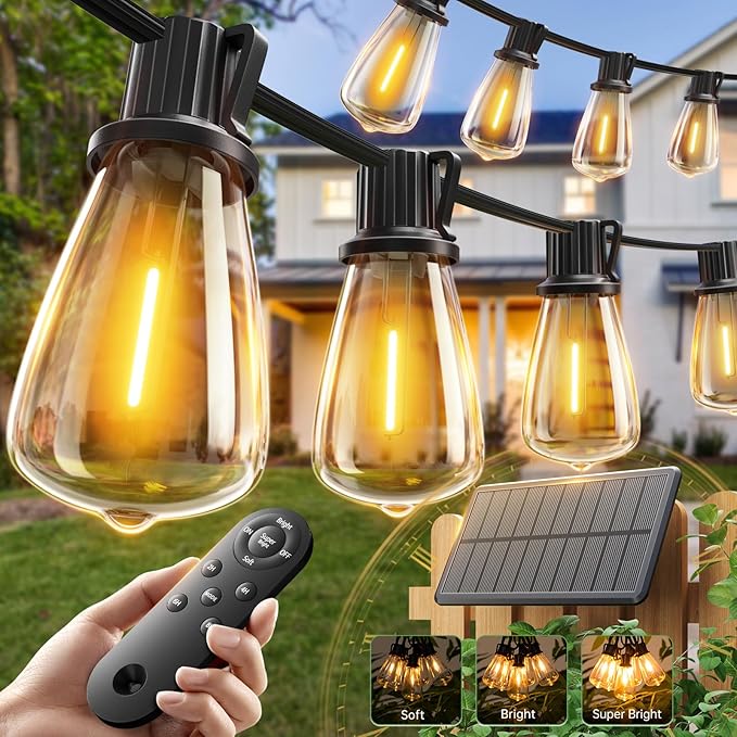 addlon 52(48+6) FT Solar String Lights Waterproof,Patio Lights Solar Powered with Remote & USB Port 16+1 LED Shatterproof Bulbs 3 Light Modes, Dimmable Solar Light for Camping Backyard Garden
