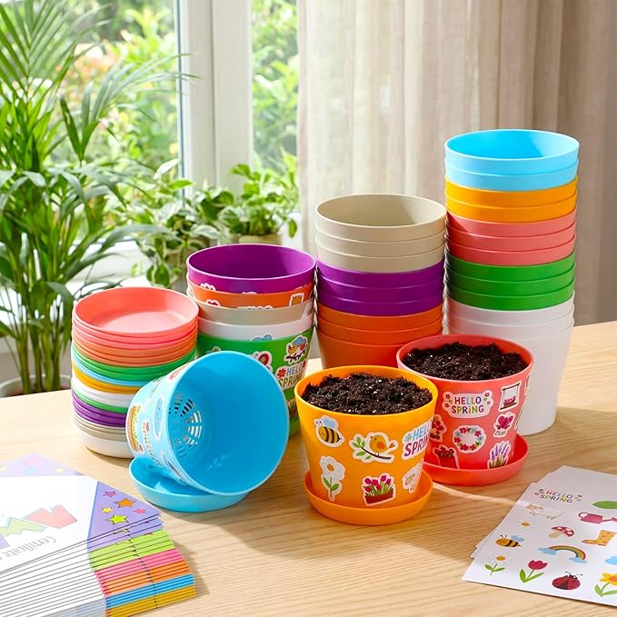 Domensi 30 Pack Garden Pot Craft Kit 4 Inch DIY Hello Spring Crafts for Kids Bulk Plastic Flower Plant Pot Plastic Planter with Tray Drainage Holes with Tag, Certificate of Award, Sticker