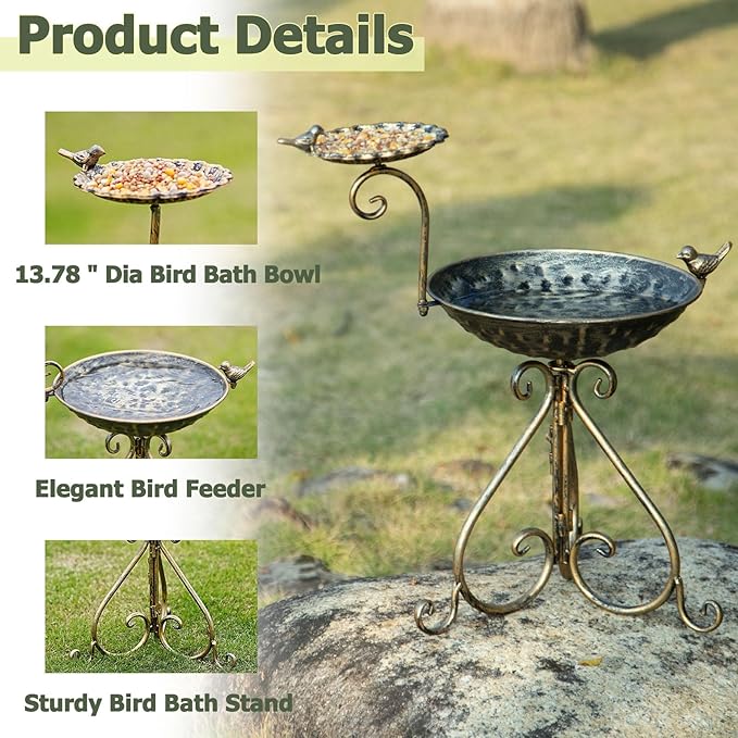 Bird Baths for Outdoors, Free-Standing Bird Bath and Bird Feeder 2-in-1 Design, Metal Bird Bath Stand and Bird Feeder Seed Tray for Garden Yard Decor