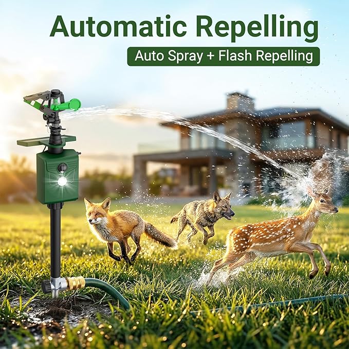 Solar Motion Activated Sprinklers for Animal Deterrent 2 Pack Cat Repellent Animal Sprinkler Repeller with Motion Sensor Flashing Lights Deer Rabbit Bird Squirrel for Yard Lawn Farm Backyard