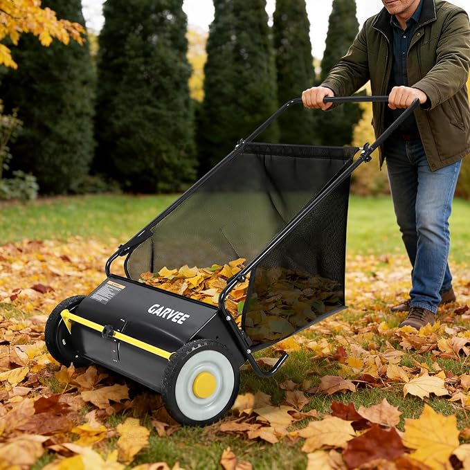 PeakPursuit 21 Inch Push Lawn Sweeper, Leaf & Grass Collector, Strong Rubber Wheels & Heavy Duty Thickened Steel Durable to Use with Large 3.5 Cu. ft Hopper Bag, 4 Spinning Brushes