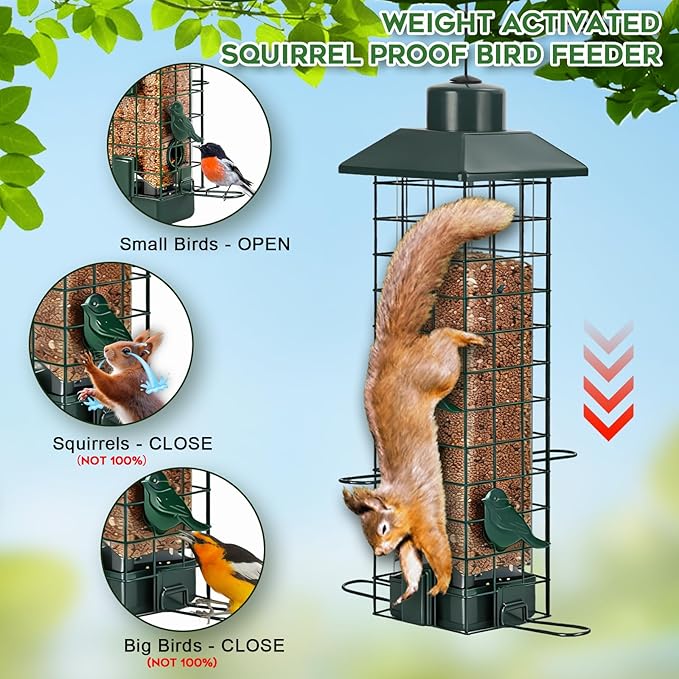 Gbekery Squirrel Proof Bird Feeder, Metal Mesh Feeders for Outdoors Hanging, Gravity Protection Wild Bird Feeders for Finch Chickadee, Weather Resistant, 3LB Large Capacity, Green