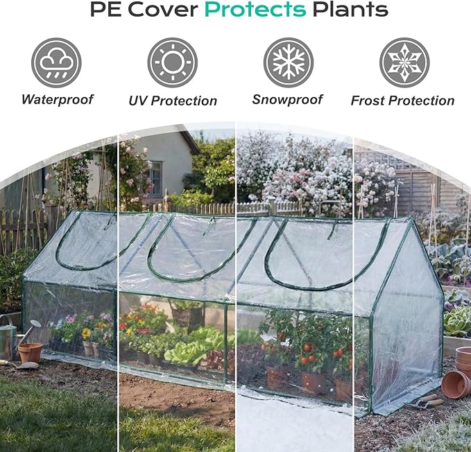 BPS 9x3x3 ft Mini Greenhouse with Transparent PVC Cover UV-Protected Roll-Up Zipper Doors, Ideal for Indoor or Outdoor Use on Raised Garden Beds